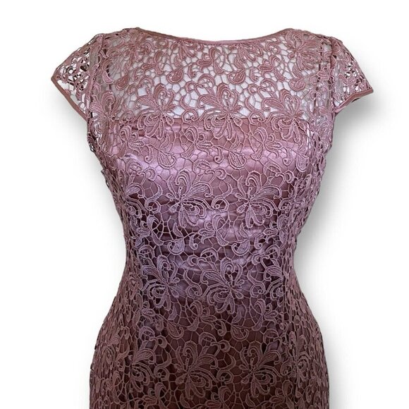 Adrianna Papell Womens Sheath Dress Sz 8 Mauve Crochet Lace Cocktail Cap Sleeve - Picture 3 of 9